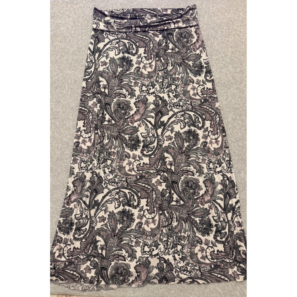 Vintage The ZigZag Stripe Paisley Maxi Skirt Grey Mauve Fold Over Waist Size XL